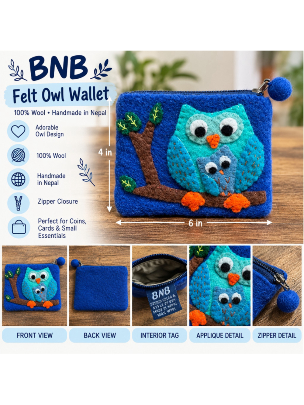 Women's BNB Blue Turquoise Owl Felt 6in wallet Bag F26